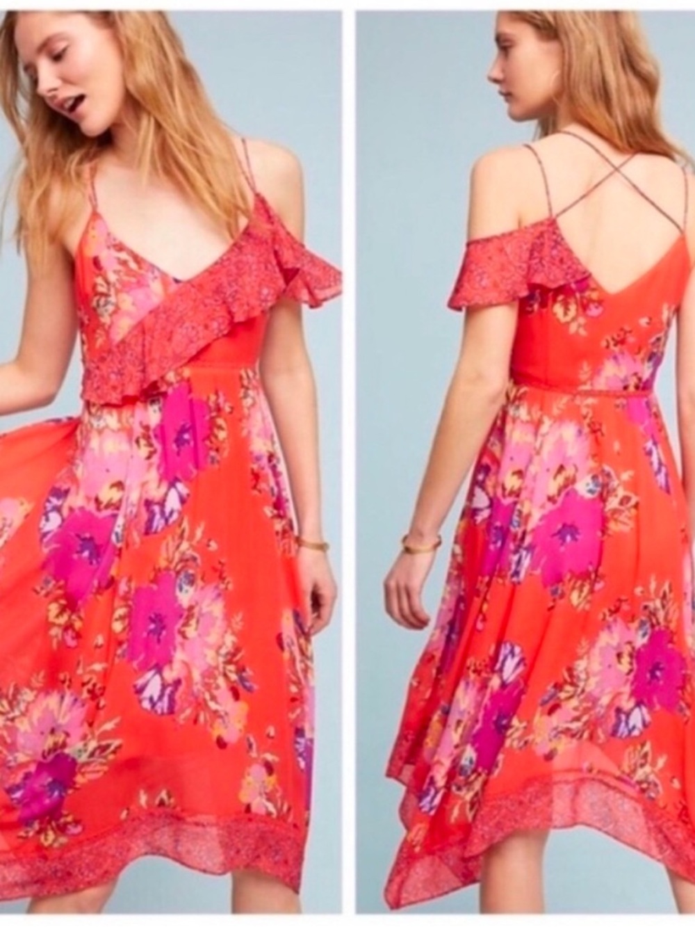 Maeve Grecia Coral Red One-Shoulder Ruffle Floral flow flows